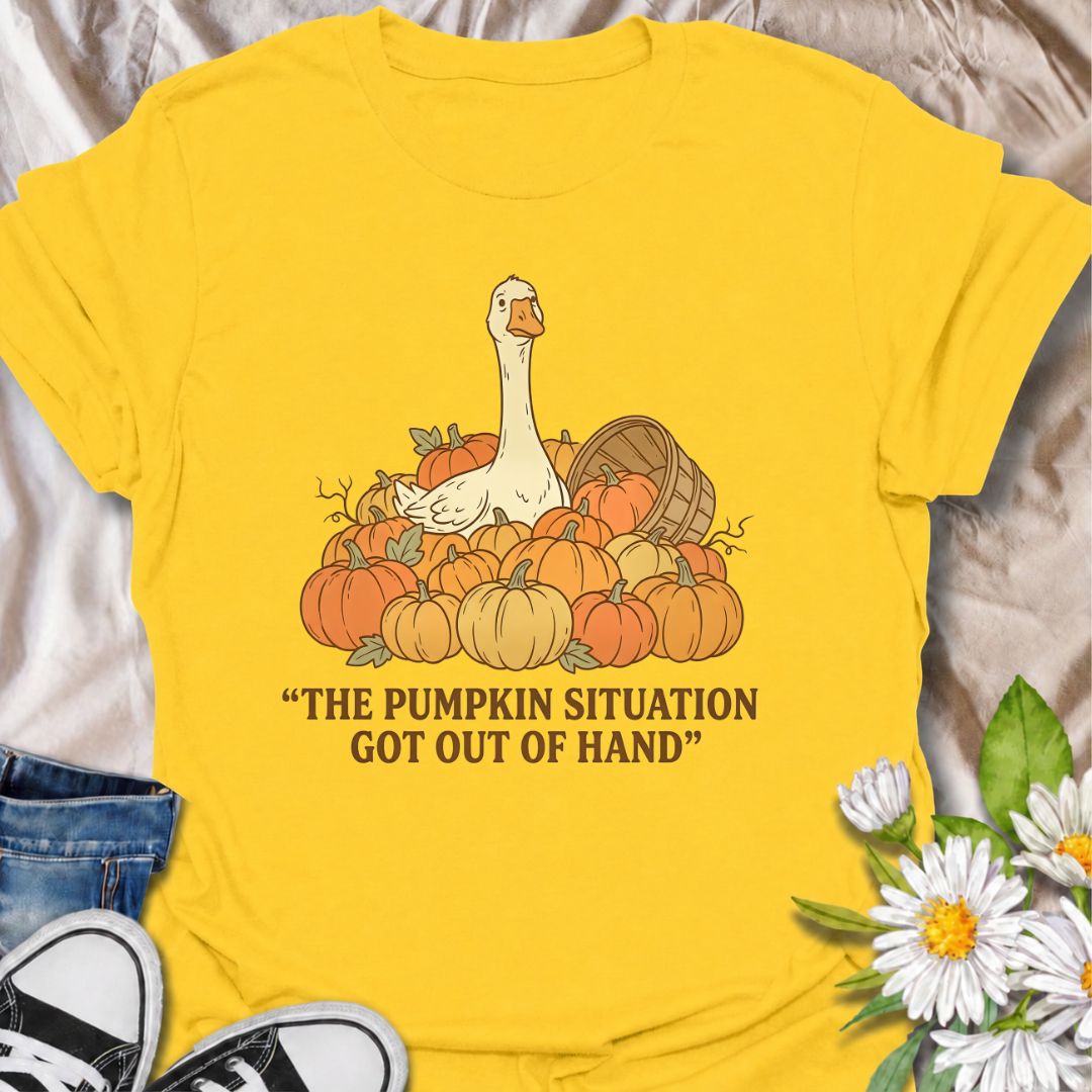 A funny fall gardening T-shirt featuring a very unimpressed goose surrounded by far too many pumpkins. Perfect for pumpkin growers, gardeners, fall lovers, and anyone whose seasonal planting got slightly out of hand.