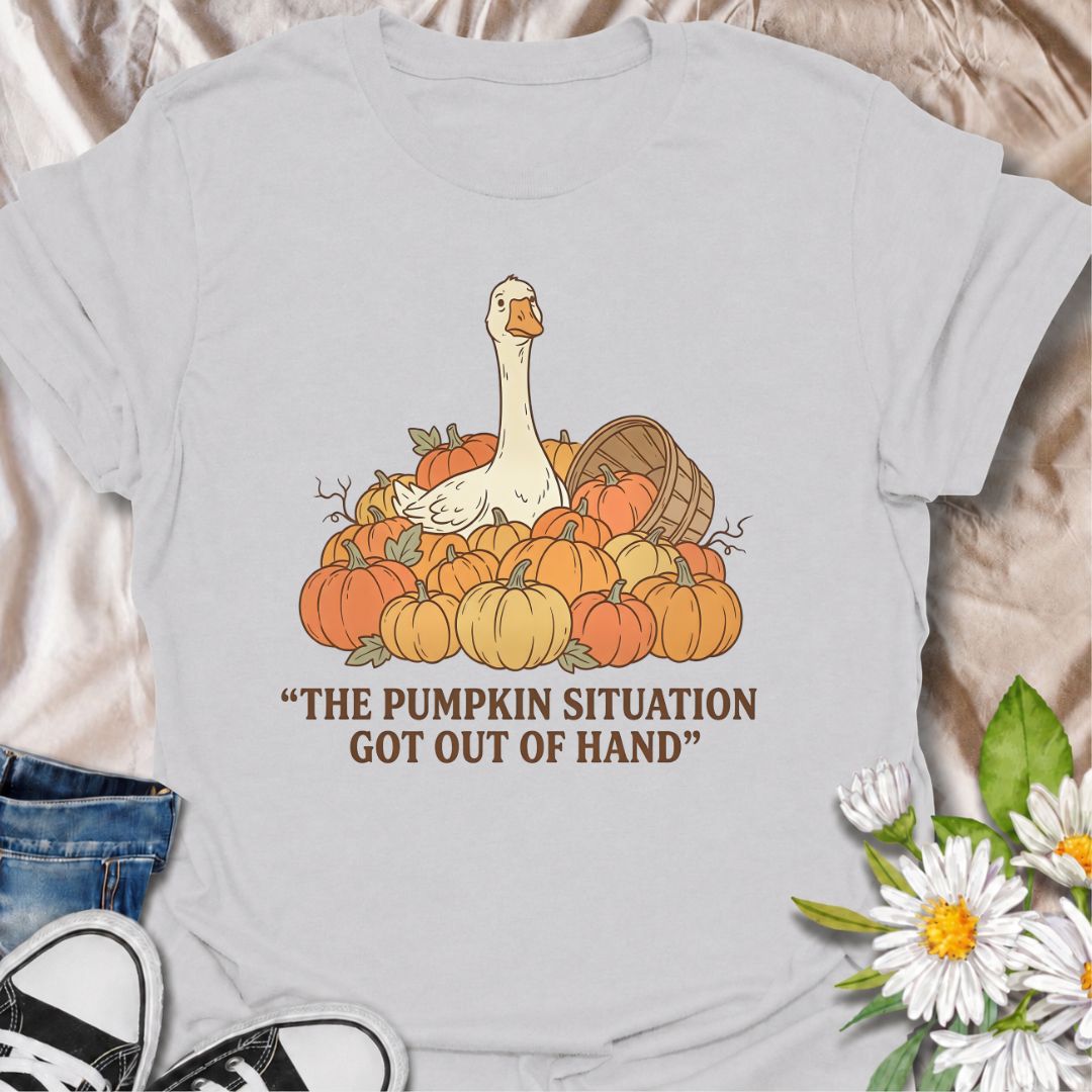 A funny fall gardening T-shirt featuring a very unimpressed goose surrounded by far too many pumpkins. Perfect for pumpkin growers, gardeners, fall lovers, and anyone whose seasonal planting got slightly out of hand.