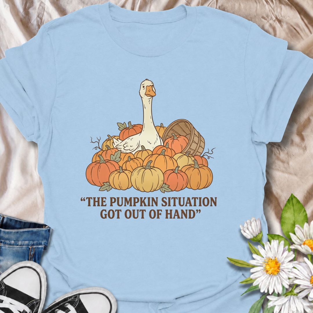 A funny fall gardening T-shirt featuring a very unimpressed goose surrounded by far too many pumpkins. Perfect for pumpkin growers, gardeners, fall lovers, and anyone whose seasonal planting got slightly out of hand.