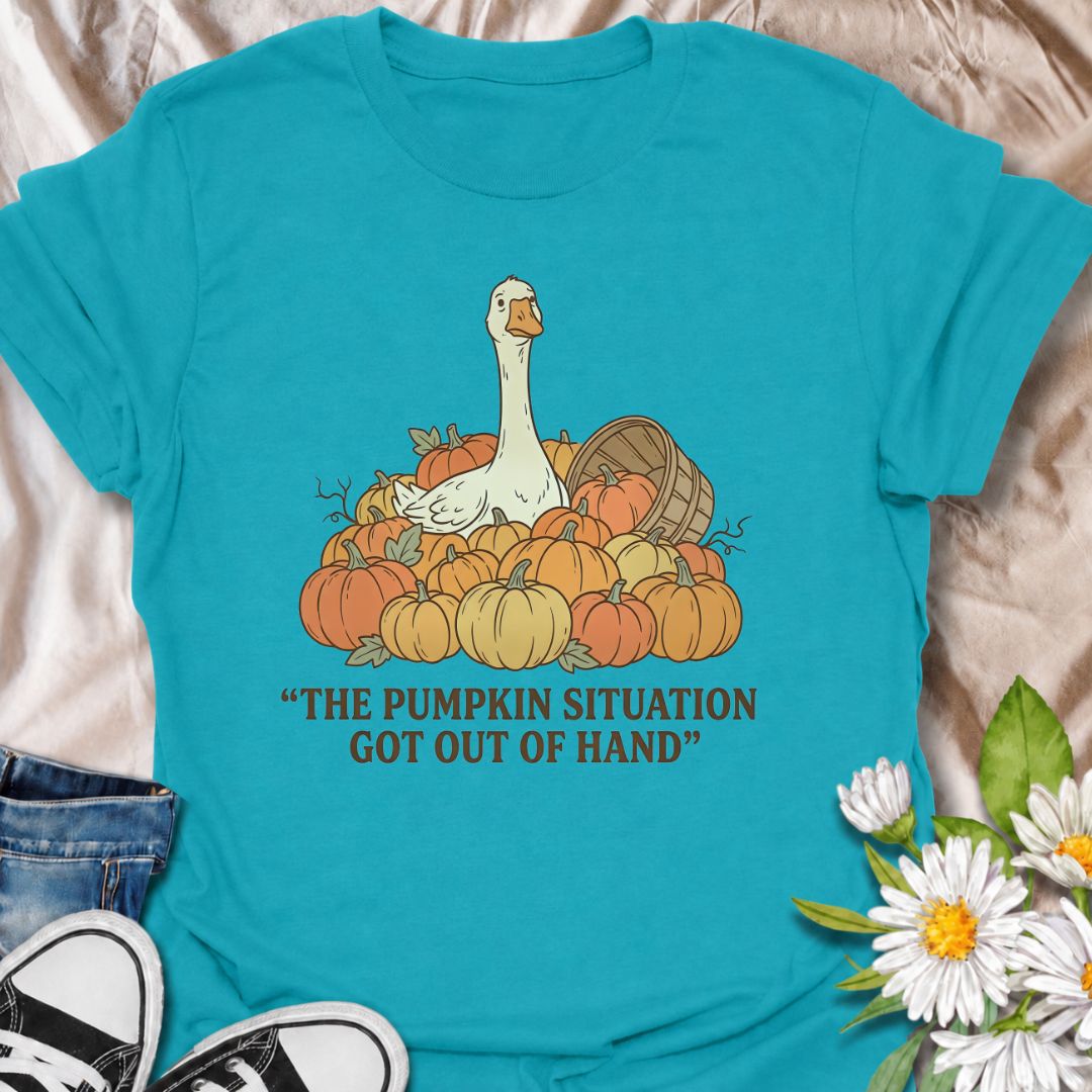 A funny fall gardening T-shirt featuring a very unimpressed goose surrounded by far too many pumpkins. Perfect for pumpkin growers, gardeners, fall lovers, and anyone whose seasonal planting got slightly out of hand.