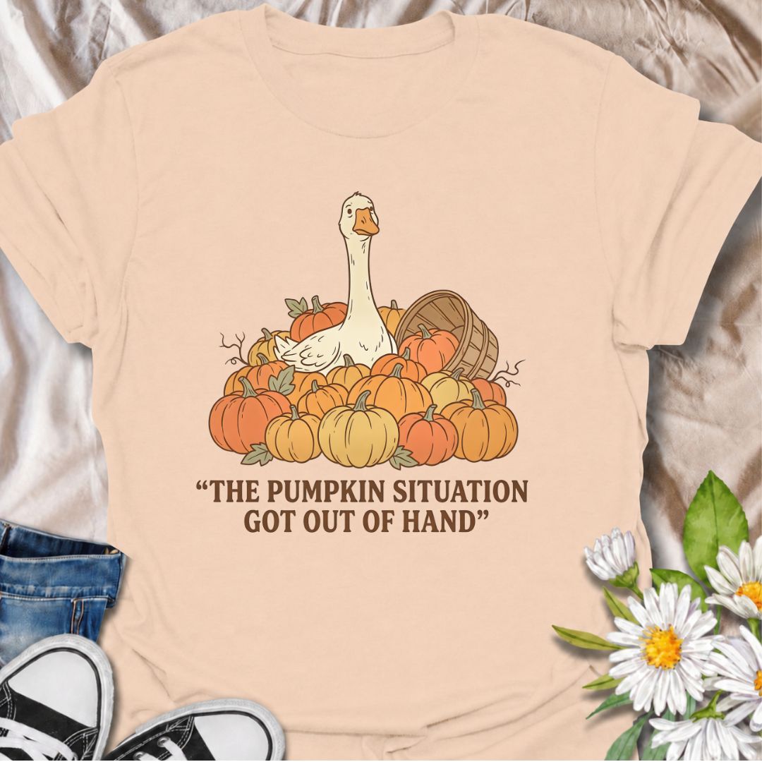 A funny fall gardening T-shirt featuring a very unimpressed goose surrounded by far too many pumpkins. Perfect for pumpkin growers, gardeners, fall lovers, and anyone whose seasonal planting got slightly out of hand.