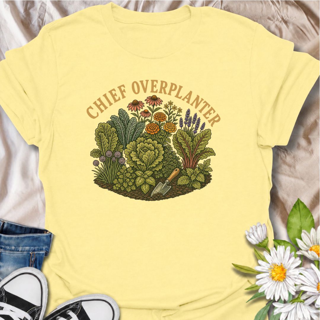 A funny gardening T-shirt for anyone who sees an empty patch of soil and immediately fills every inch of it. The “Chief Overplanter” phrase is perfect for enthusiastic gardeners who always squeeze in one more flower, herb, or vegetable. Featuring a lush garden bed packed with greenery and blooms, this design works especially well for cottage gardeners, backyard growers, and green-thumbed plant lovers. It makes a fun gift for gardeners who treat recommended spacing as more of a suggestion than a rule. Ideal 