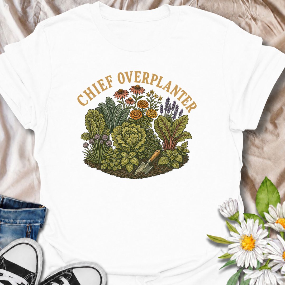 A funny gardening T-shirt for anyone who sees an empty patch of soil and immediately fills every inch of it. The “Chief Overplanter” phrase is perfect for enthusiastic gardeners who always squeeze in one more flower, herb, or vegetable. Featuring a lush garden bed packed with greenery and blooms, this design works especially well for cottage gardeners, backyard growers, and green-thumbed plant lovers. It makes a fun gift for gardeners who treat recommended spacing as more of a suggestion than a rule. Ideal 
