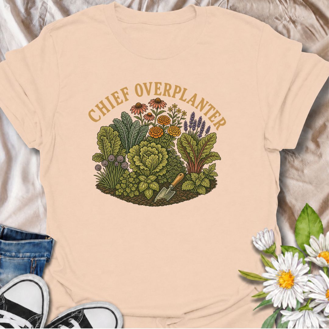 A funny gardening T-shirt for anyone who sees an empty patch of soil and immediately fills every inch of it. The “Chief Overplanter” phrase is perfect for enthusiastic gardeners who always squeeze in one more flower, herb, or vegetable. Featuring a lush garden bed packed with greenery and blooms, this design works especially well for cottage gardeners, backyard growers, and green-thumbed plant lovers. It makes a fun gift for gardeners who treat recommended spacing as more of a suggestion than a rule. Ideal 