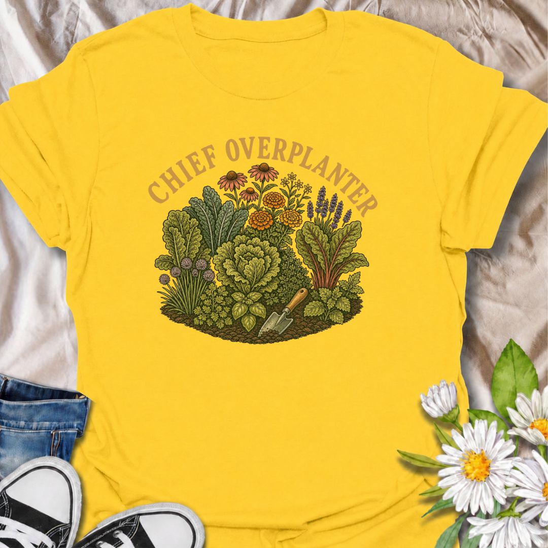 A funny gardening T-shirt for anyone who sees an empty patch of soil and immediately fills every inch of it. The “Chief Overplanter” phrase is perfect for enthusiastic gardeners who always squeeze in one more flower, herb, or vegetable. Featuring a lush garden bed packed with greenery and blooms, this design works especially well for cottage gardeners, backyard growers, and green-thumbed plant lovers. It makes a fun gift for gardeners who treat recommended spacing as more of a suggestion than a rule. Ideal 