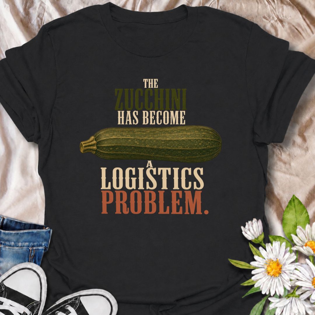 A funny gardening T-shirt for anyone who planted zucchini and then discovered just how productive one plant can be. The phrase “The Zucchini Has Become a Logistics Problem” perfectly captures that point in summer when the harvest starts taking over the kitchen. Featuring an oversized vintage-style zucchini, this design is ideal for vegetable gardeners, backyard growers, and anyone familiar with a bumper crop. It makes a great gift for gardeners who are forever giving away extra squash to friends and neighbo