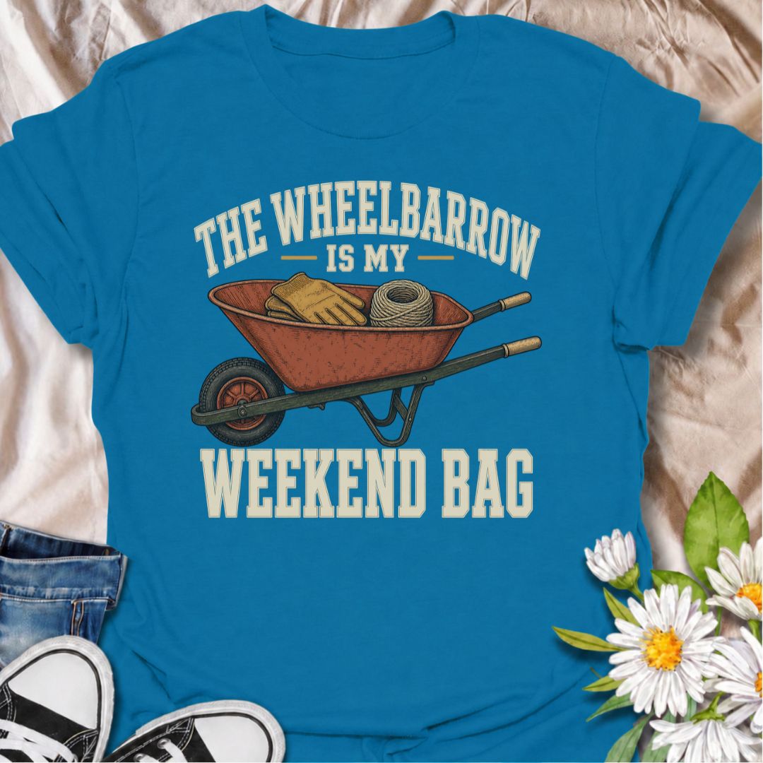 A funny gardening T-shirt for anyone who spends the weekend hauling tools, gloves, twine, and half the garden around in a wheelbarrow. The phrase “The Wheelbarrow Is My Weekend Bag” captures the reality of garden days with a dry, relatable sense of humor. Featuring a vintage-style wheelbarrow packed with gardening essentials, this design is perfect for backyard gardeners, cottage gardeners, and keen growers. It makes a great gift for anyone who would rather spend Saturday in the garden than anywhere else. I