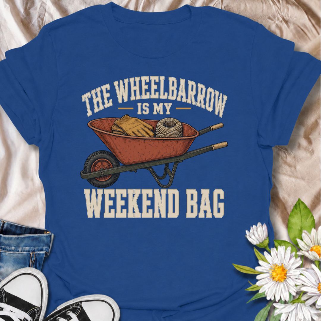 A funny gardening T-shirt for anyone who spends the weekend hauling tools, gloves, twine, and half the garden around in a wheelbarrow. The phrase “The Wheelbarrow Is My Weekend Bag” captures the reality of garden days with a dry, relatable sense of humor. Featuring a vintage-style wheelbarrow packed with gardening essentials, this design is perfect for backyard gardeners, cottage gardeners, and keen growers. It makes a great gift for anyone who would rather spend Saturday in the garden than anywhere else. I