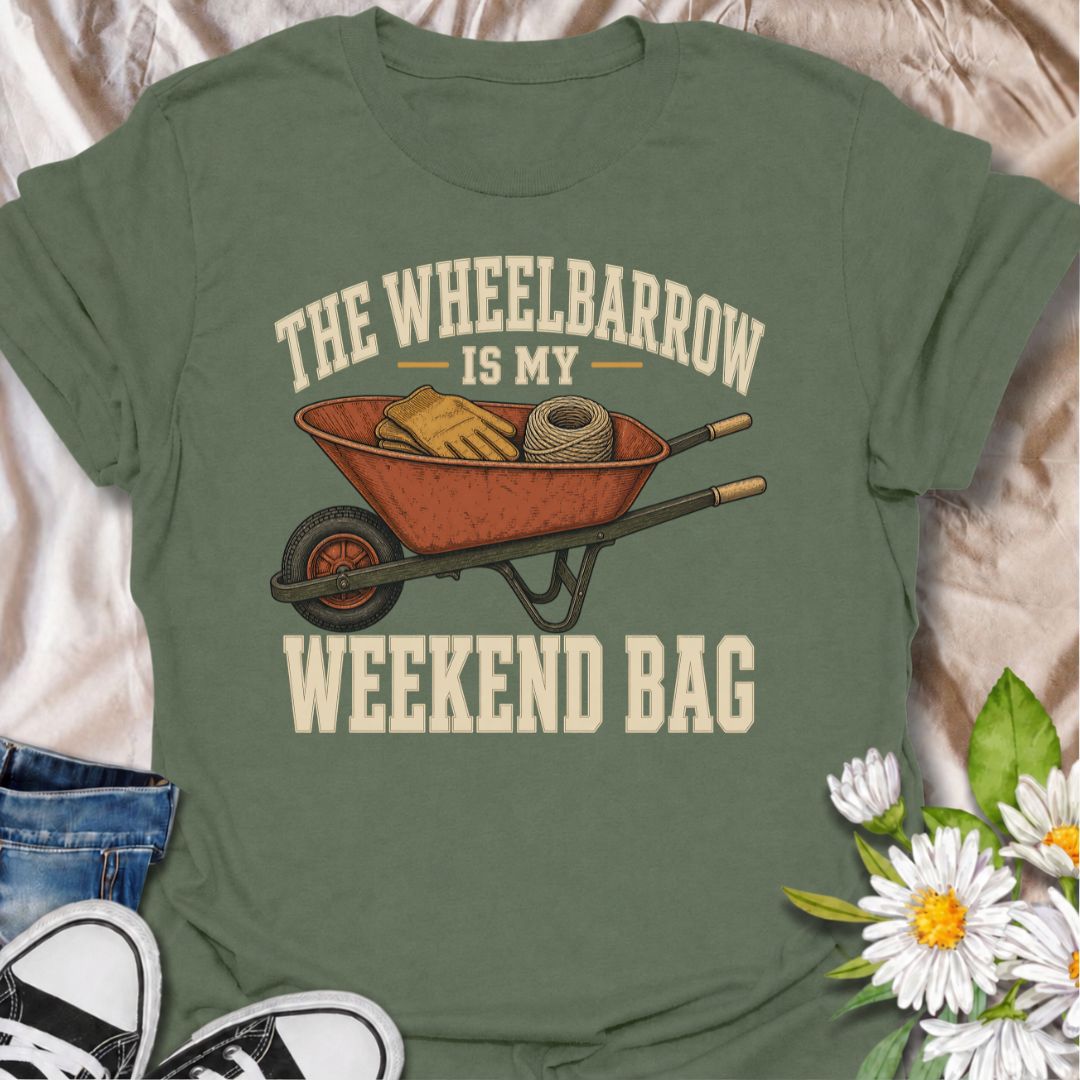A funny gardening T-shirt for anyone who spends the weekend hauling tools, gloves, twine, and half the garden around in a wheelbarrow. The phrase “The Wheelbarrow Is My Weekend Bag” captures the reality of garden days with a dry, relatable sense of humor. Featuring a vintage-style wheelbarrow packed with gardening essentials, this design is perfect for backyard gardeners, cottage gardeners, and keen growers. It makes a great gift for anyone who would rather spend Saturday in the garden than anywhere else. I