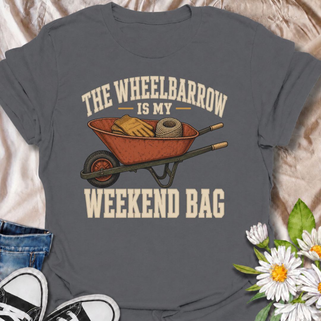 A funny gardening T-shirt for anyone who spends the weekend hauling tools, gloves, twine, and half the garden around in a wheelbarrow. The phrase “The Wheelbarrow Is My Weekend Bag” captures the reality of garden days with a dry, relatable sense of humor. Featuring a vintage-style wheelbarrow packed with gardening essentials, this design is perfect for backyard gardeners, cottage gardeners, and keen growers. It makes a great gift for anyone who would rather spend Saturday in the garden than anywhere else. I