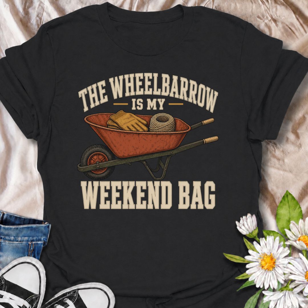 A funny gardening T-shirt for anyone who spends the weekend hauling tools, gloves, twine, and half the garden around in a wheelbarrow. The phrase “The Wheelbarrow Is My Weekend Bag” captures the reality of garden days with a dry, relatable sense of humor. Featuring a vintage-style wheelbarrow packed with gardening essentials, this design is perfect for backyard gardeners, cottage gardeners, and keen growers. It makes a great gift for anyone who would rather spend Saturday in the garden than anywhere else. I