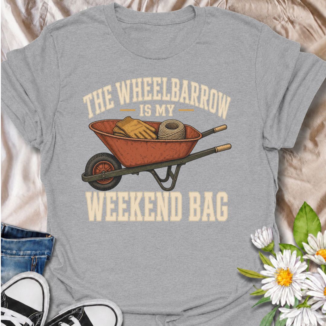 A funny gardening T-shirt for anyone who spends the weekend hauling tools, gloves, twine, and half the garden around in a wheelbarrow. The phrase “The Wheelbarrow Is My Weekend Bag” captures the reality of garden days with a dry, relatable sense of humor. Featuring a vintage-style wheelbarrow packed with gardening essentials, this design is perfect for backyard gardeners, cottage gardeners, and keen growers. It makes a great gift for anyone who would rather spend Saturday in the garden than anywhere else. I