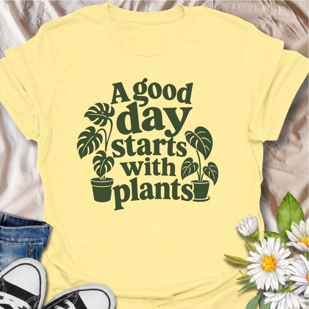 A cheerful plant T-shirt for anyone who believes the best days begin with a little greenery. The phrase “A Good Day Starts With Plants” pairs perfectly with the simple monstera-inspired artwork for a clean, easy-to-wear botanical look. It’s ideal for houseplant lovers, plant parents, indoor gardeners, and anyone who feels better surrounded by leaves. This design makes a lovely gift for plant collectors, nursery regulars, and lovers of cozy indoor jungles. Perfect for everyday wear, plant shopping, greenhous