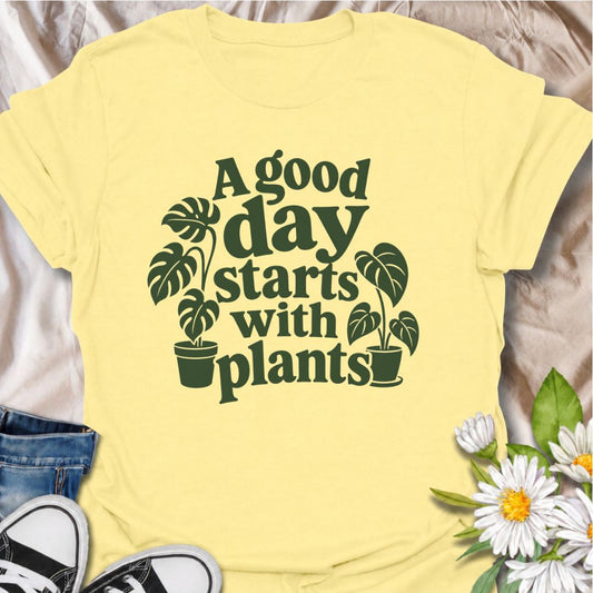 A cheerful plant T-shirt for anyone who believes the best days begin with a little greenery. The phrase “A Good Day Starts With Plants” pairs perfectly with the simple monstera-inspired artwork for a clean, easy-to-wear botanical look. It’s ideal for houseplant lovers, plant parents, indoor gardeners, and anyone who feels better surrounded by leaves. This design makes a lovely gift for plant collectors, nursery regulars, and lovers of cozy indoor jungles. Perfect for everyday wear, plant shopping, greenhous