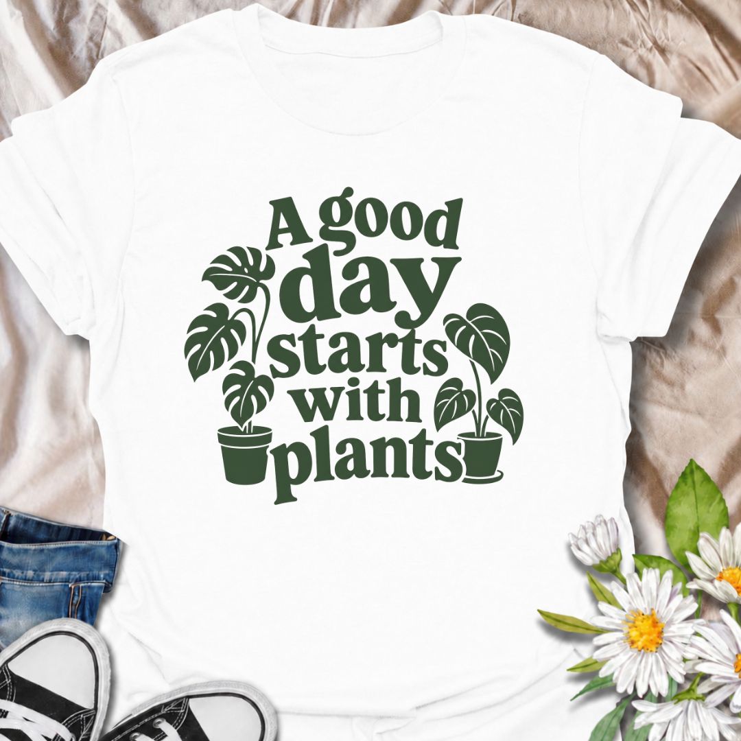 A cheerful plant T-shirt for anyone who believes the best days begin with a little greenery. The phrase “A Good Day Starts With Plants” pairs perfectly with the simple monstera-inspired artwork for a clean, easy-to-wear botanical look. It’s ideal for houseplant lovers, plant parents, indoor gardeners, and anyone who feels better surrounded by leaves. This design makes a lovely gift for plant collectors, nursery regulars, and lovers of cozy indoor jungles. Perfect for everyday wear, plant shopping, greenhous