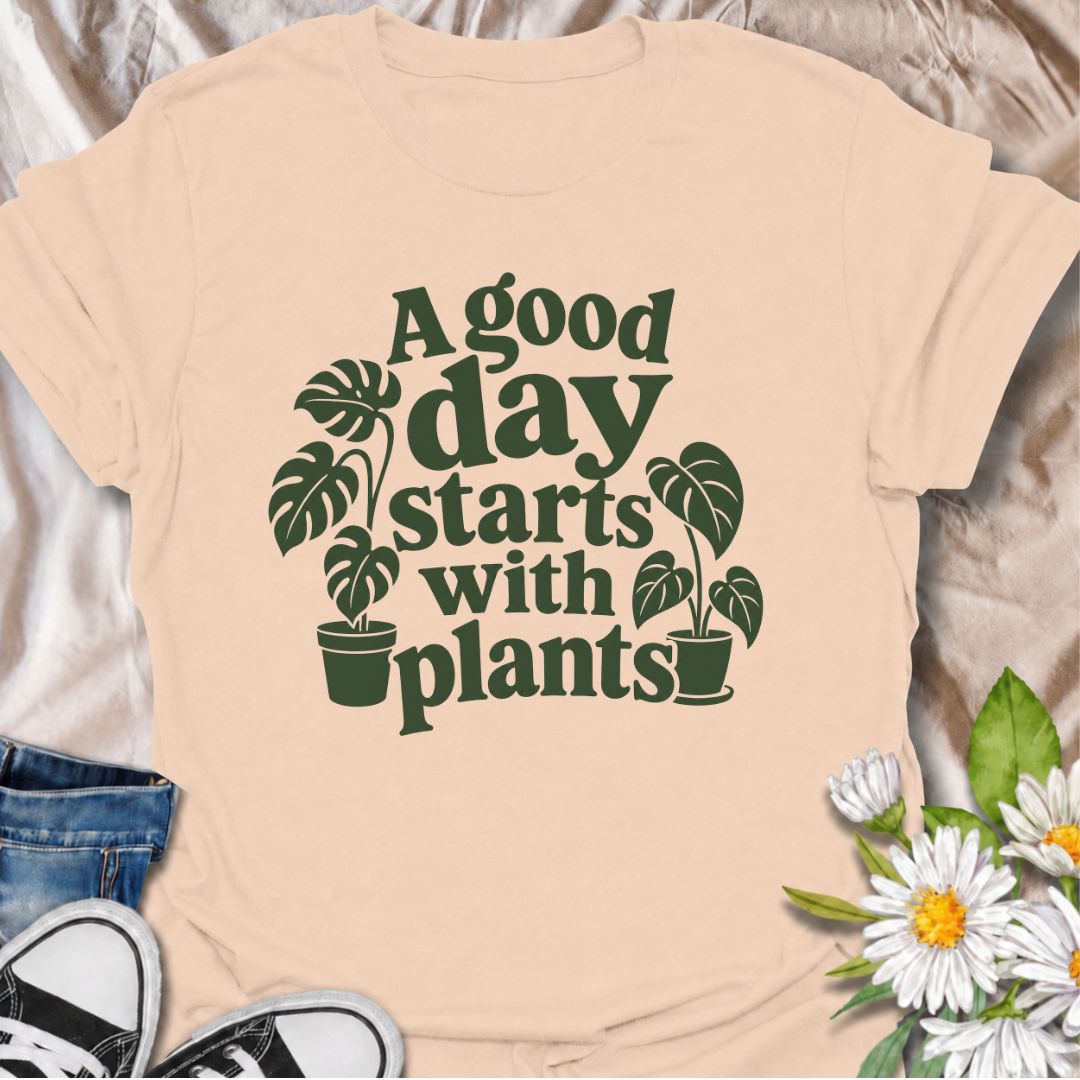 A cheerful plant T-shirt for anyone who believes the best days begin with a little greenery. The phrase “A Good Day Starts With Plants” pairs perfectly with the simple monstera-inspired artwork for a clean, easy-to-wear botanical look. It’s ideal for houseplant lovers, plant parents, indoor gardeners, and anyone who feels better surrounded by leaves. This design makes a lovely gift for plant collectors, nursery regulars, and lovers of cozy indoor jungles. Perfect for everyday wear, plant shopping, greenhous