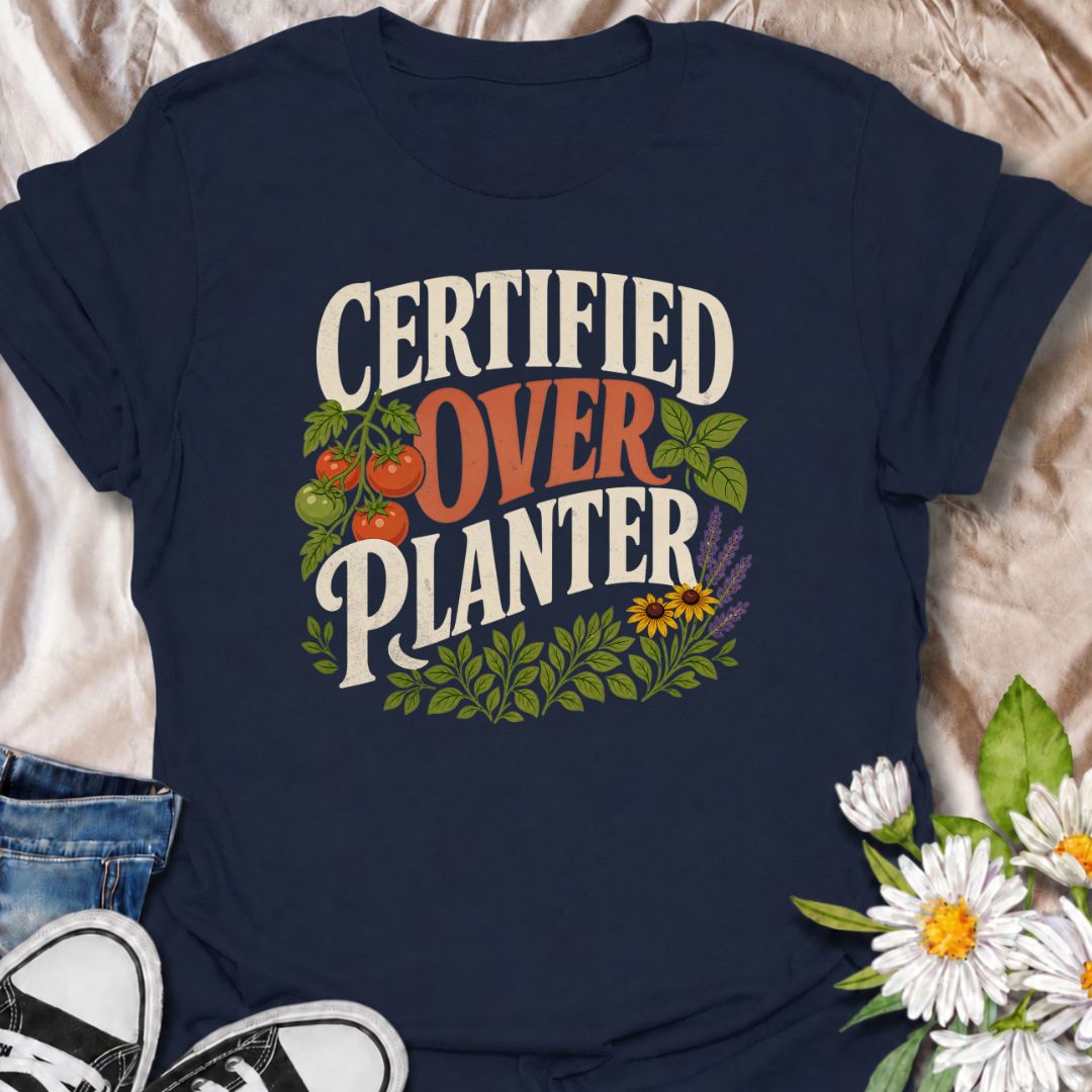 A funny gardening T-shirt for anyone who believes recommended spacing is more of a suggestion than a rule. The bold “Certified Overplanter” phrase is paired with tomatoes, herbs, flowers, and leafy greenery for a colorful garden-lover design. It is perfect for vegetable gardeners, cottage gardeners, backyard growers, and anyone who always squeezes in one more plant. The design makes a great gift for gardeners who proudly embrace a full, abundant garden. Ideal for garden days, nursery trips, farmers markets,