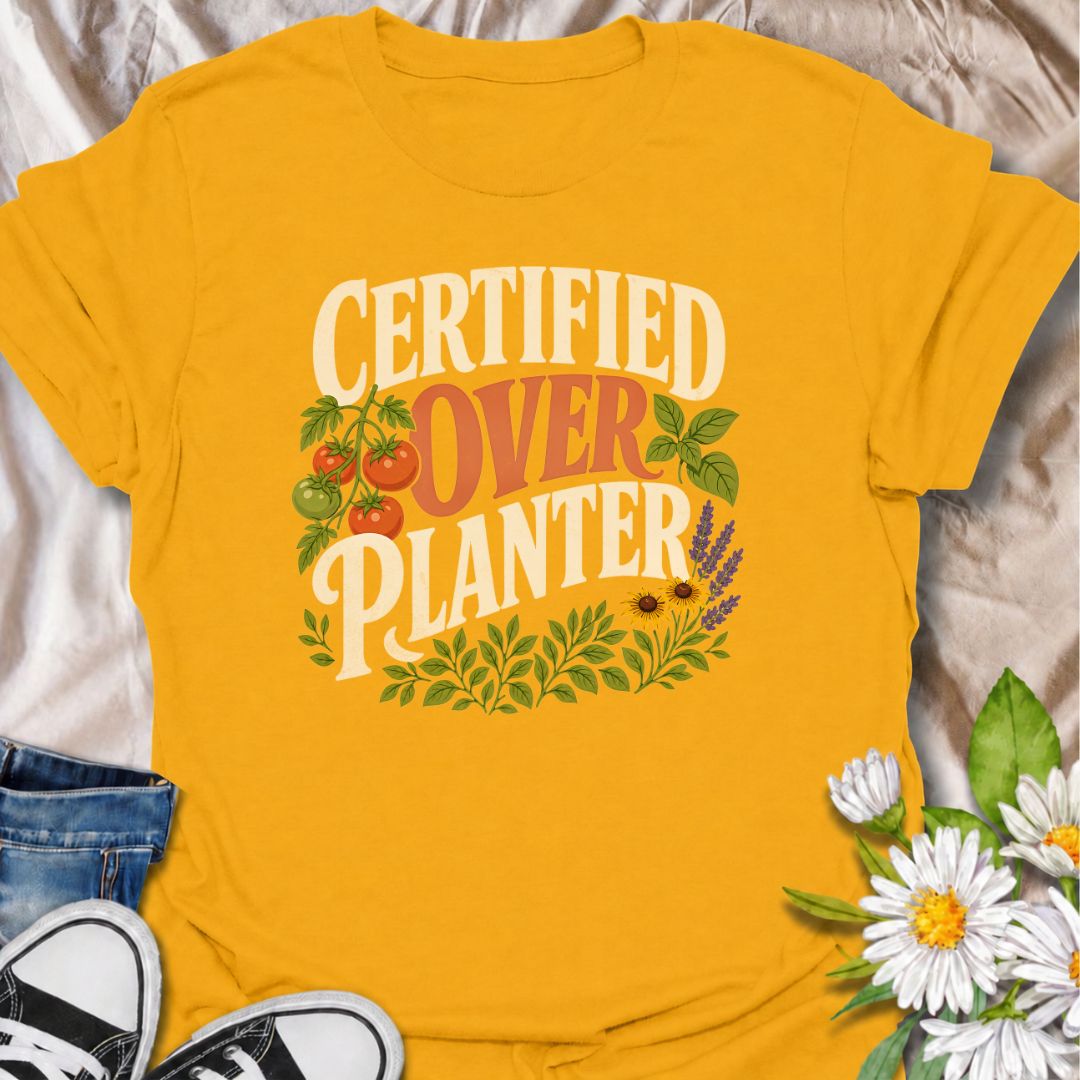 A funny gardening T-shirt for anyone who believes recommended spacing is more of a suggestion than a rule. The bold “Certified Overplanter” phrase is paired with tomatoes, herbs, flowers, and leafy greenery for a colorful garden-lover design. It is perfect for vegetable gardeners, cottage gardeners, backyard growers, and anyone who always squeezes in one more plant. The design makes a great gift for gardeners who proudly embrace a full, abundant garden. Ideal for garden days, nursery trips, farmers markets,