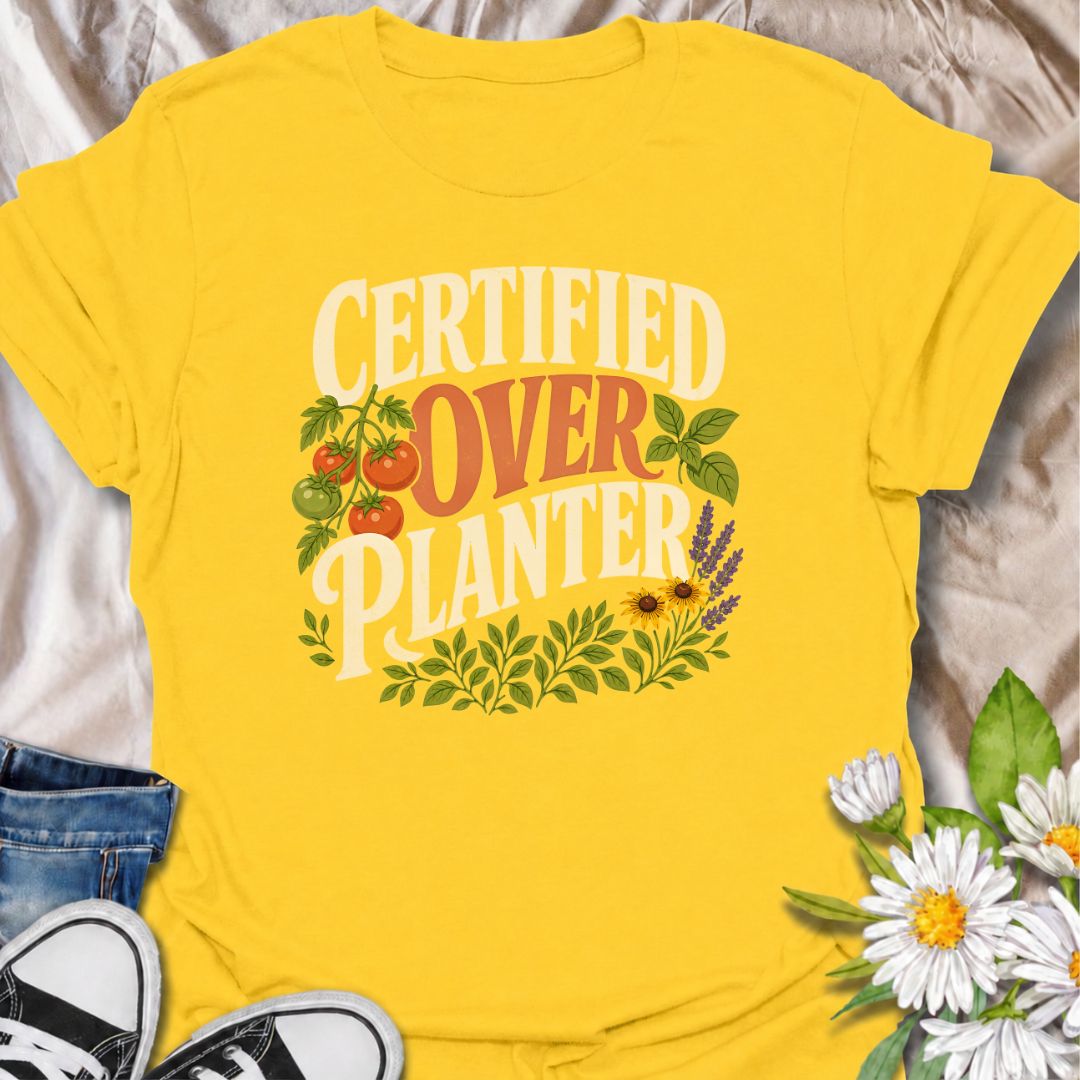 A funny gardening T-shirt for anyone who believes recommended spacing is more of a suggestion than a rule. The bold “Certified Overplanter” phrase is paired with tomatoes, herbs, flowers, and leafy greenery for a colorful garden-lover design. It is perfect for vegetable gardeners, cottage gardeners, backyard growers, and anyone who always squeezes in one more plant. The design makes a great gift for gardeners who proudly embrace a full, abundant garden. Ideal for garden days, nursery trips, farmers markets,