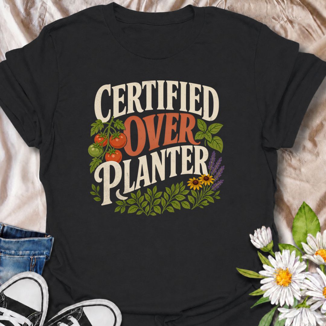 A funny gardening T-shirt for anyone who believes recommended spacing is more of a suggestion than a rule. The bold “Certified Overplanter” phrase is paired with tomatoes, herbs, flowers, and leafy greenery for a colorful garden-lover design. It is perfect for vegetable gardeners, cottage gardeners, backyard growers, and anyone who always squeezes in one more plant. The design makes a great gift for gardeners who proudly embrace a full, abundant garden. Ideal for garden days, nursery trips, farmers markets,