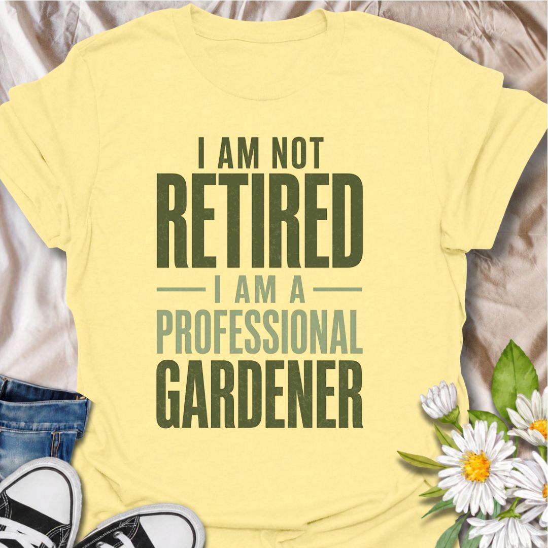 A funny gardening T-shirt for anyone who has retired from work but definitely not from the garden. The phrase “I Am Not Retired, I Am a Professional Gardener” turns retirement into a full-time gardening promotion with dry, relatable humor. Its bold typography keeps the design clean, readable, and easy to wear. It makes a great gift for retired gardeners, allotment lovers, backyard growers, and anyone who now has more time to spend outdoors. Ideal for garden days, nursery trips, farmers markets, or everyday 