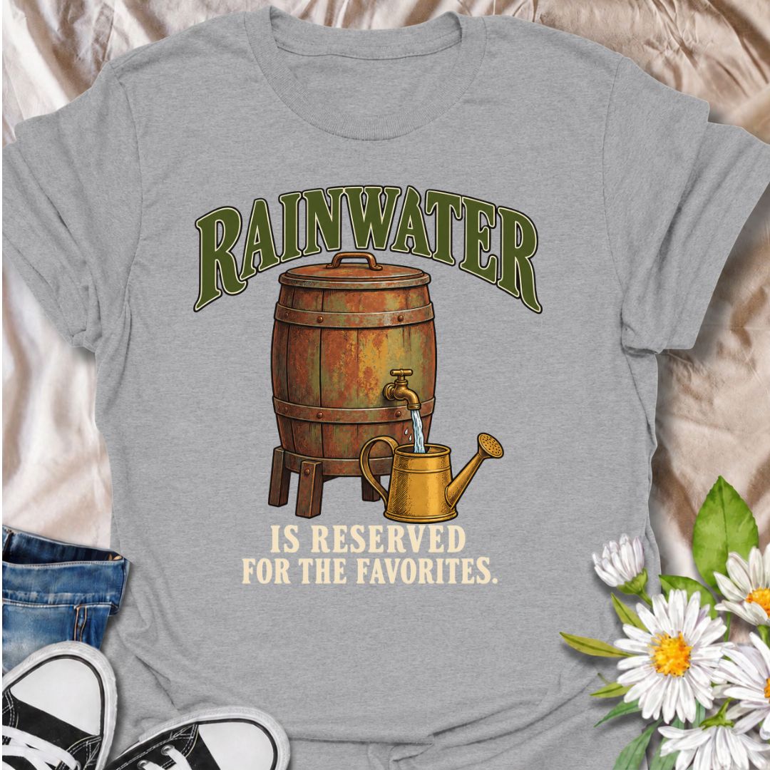 A funny gardening T-shirt for anyone who saves the good rainwater for the plants that matter most. The phrase “Rainwater Is Reserved for the Favorites” adds a dry bit of gardener humor to a vintage-style rain barrel and watering can illustration. It is perfect for backyard gardeners, container growers, houseplant lovers, and anyone who takes plant care a little more seriously than they admit. The design makes a great gift for gardeners who collect rainwater, nurture favorite plants, or simply enjoy practica