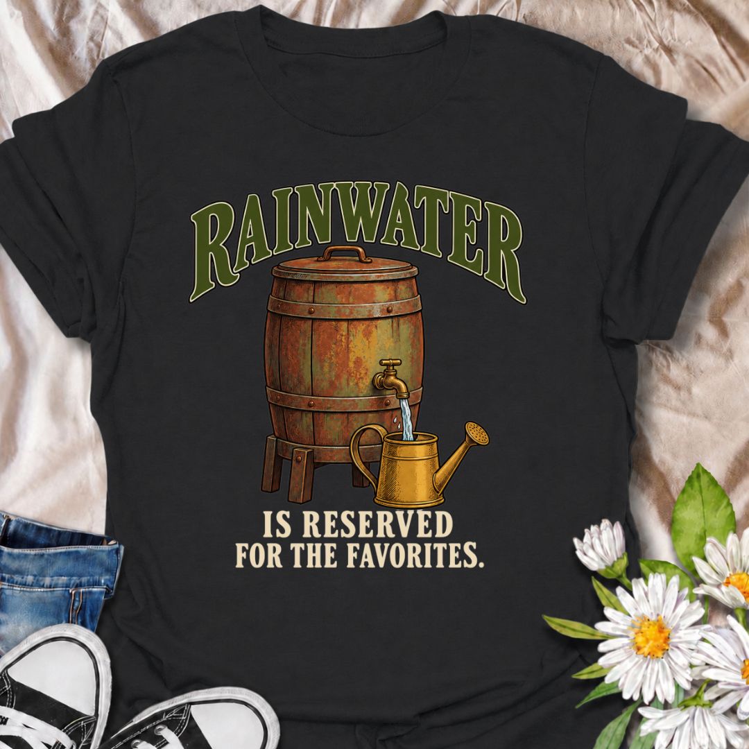 A funny gardening T-shirt for anyone who saves the good rainwater for the plants that matter most. The phrase “Rainwater Is Reserved for the Favorites” adds a dry bit of gardener humor to a vintage-style rain barrel and watering can illustration. It is perfect for backyard gardeners, container growers, houseplant lovers, and anyone who takes plant care a little more seriously than they admit. The design makes a great gift for gardeners who collect rainwater, nurture favorite plants, or simply enjoy practica