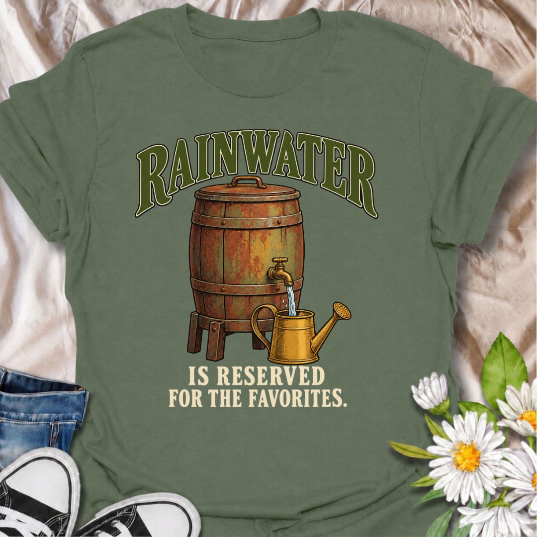 A funny gardening T-shirt for anyone who saves the good rainwater for the plants that matter most. The phrase “Rainwater Is Reserved for the Favorites” adds a dry bit of gardener humor to a vintage-style rain barrel and watering can illustration. It is perfect for backyard gardeners, container growers, houseplant lovers, and anyone who takes plant care a little more seriously than they admit. The design makes a great gift for gardeners who collect rainwater, nurture favorite plants, or simply enjoy practica