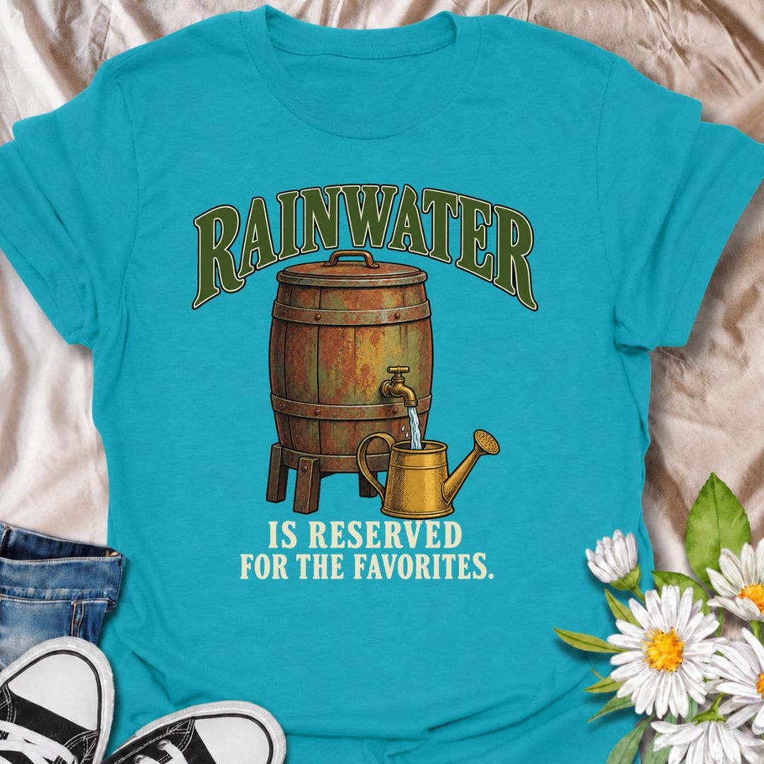A funny gardening T-shirt for anyone who saves the good rainwater for the plants that matter most. The phrase “Rainwater Is Reserved for the Favorites” adds a dry bit of gardener humor to a vintage-style rain barrel and watering can illustration. It is perfect for backyard gardeners, container growers, houseplant lovers, and anyone who takes plant care a little more seriously than they admit. The design makes a great gift for gardeners who collect rainwater, nurture favorite plants, or simply enjoy practica