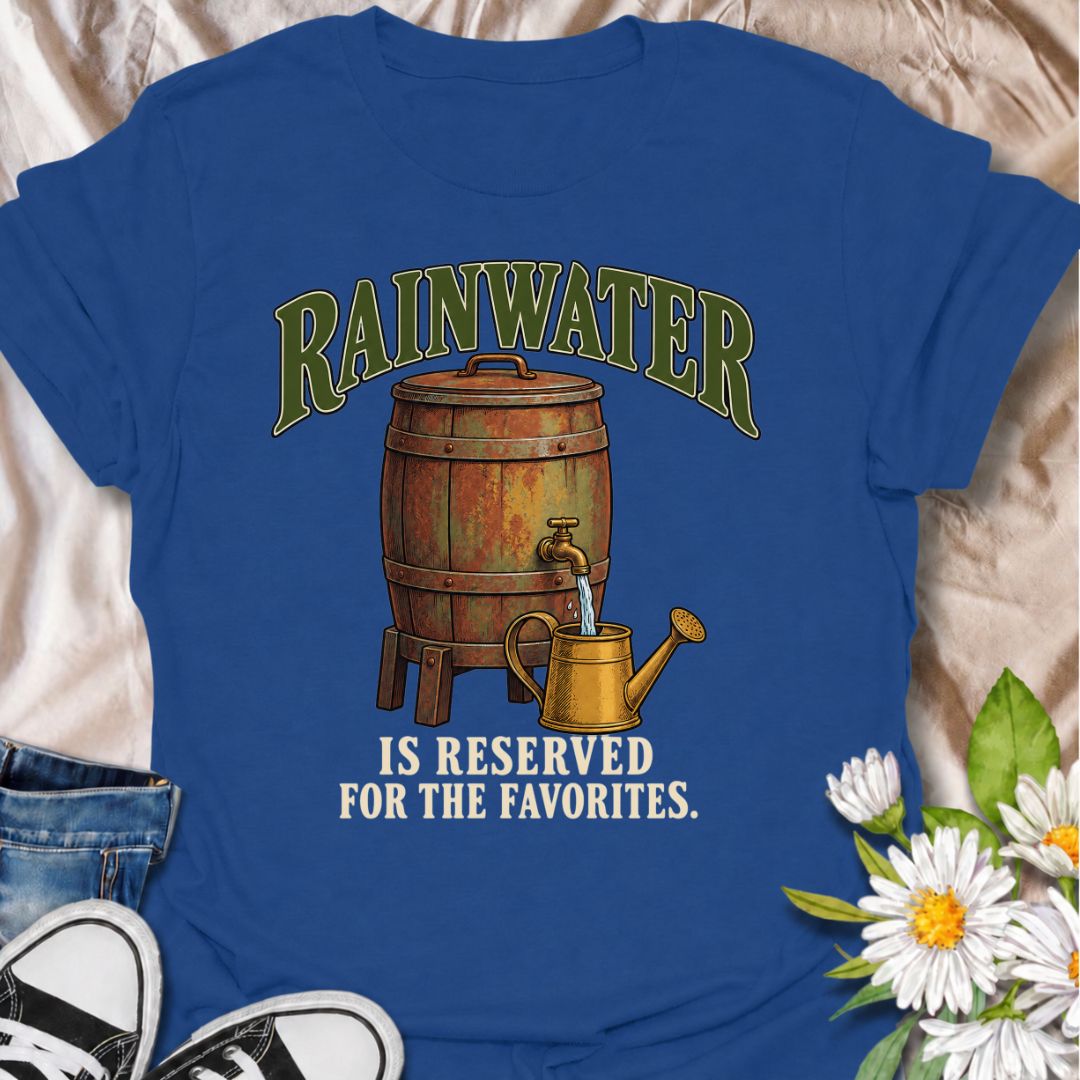 A funny gardening T-shirt for anyone who saves the good rainwater for the plants that matter most. The phrase “Rainwater Is Reserved for the Favorites” adds a dry bit of gardener humor to a vintage-style rain barrel and watering can illustration. It is perfect for backyard gardeners, container growers, houseplant lovers, and anyone who takes plant care a little more seriously than they admit. The design makes a great gift for gardeners who collect rainwater, nurture favorite plants, or simply enjoy practica