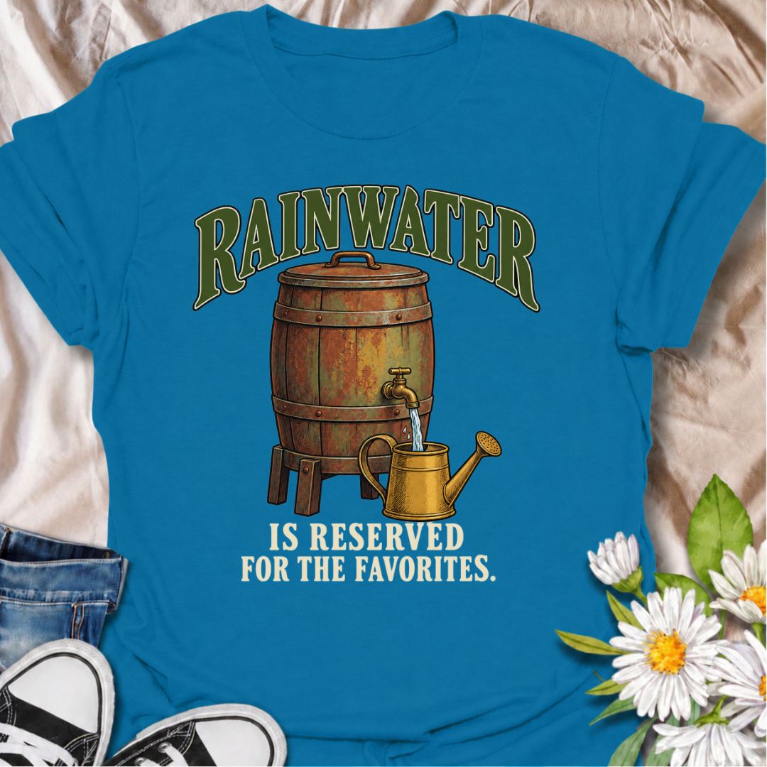 A funny gardening T-shirt for anyone who saves the good rainwater for the plants that matter most. The phrase “Rainwater Is Reserved for the Favorites” adds a dry bit of gardener humor to a vintage-style rain barrel and watering can illustration. It is perfect for backyard gardeners, container growers, houseplant lovers, and anyone who takes plant care a little more seriously than they admit. The design makes a great gift for gardeners who collect rainwater, nurture favorite plants, or simply enjoy practica
