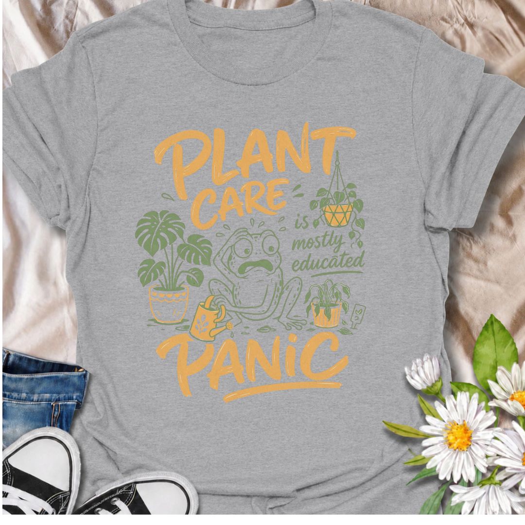 A funny plant T-shirt for anyone who has read all the care guides and still panics when a leaf starts looking slightly different. The phrase “Plant Care Is Mostly Educated Panic” perfectly captures the reality of houseplant ownership with playful, relatable humor. Featuring a worried frog surrounded by potted plants, a watering can, and plant-care chaos, this design is ideal for plant parents, indoor gardeners, and houseplant collectors. It makes a great gift for anyone who checks the soil twice, Googles ye