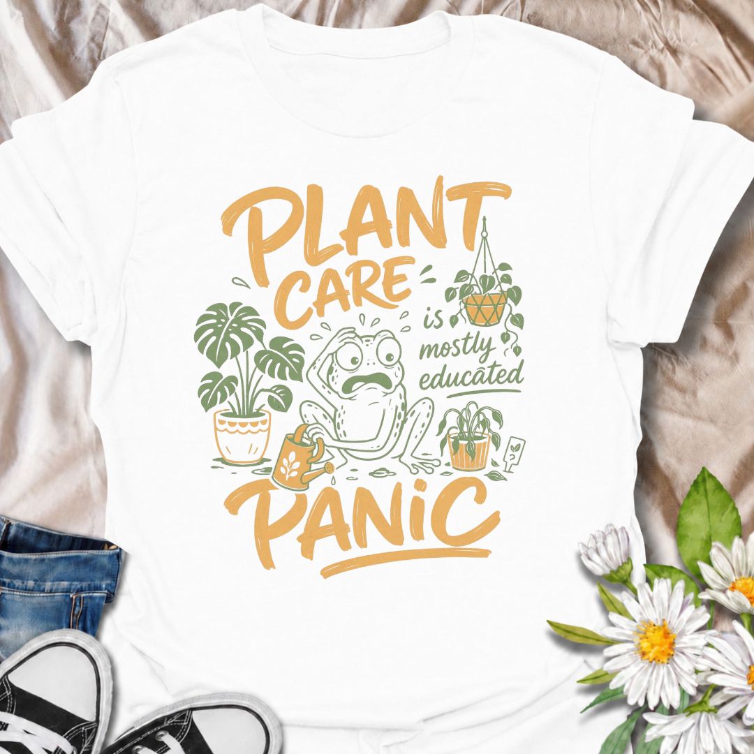 A funny plant T-shirt for anyone who has read all the care guides and still panics when a leaf starts looking slightly different. The phrase “Plant Care Is Mostly Educated Panic” perfectly captures the reality of houseplant ownership with playful, relatable humor. Featuring a worried frog surrounded by potted plants, a watering can, and plant-care chaos, this design is ideal for plant parents, indoor gardeners, and houseplant collectors. It makes a great gift for anyone who checks the soil twice, Googles ye
