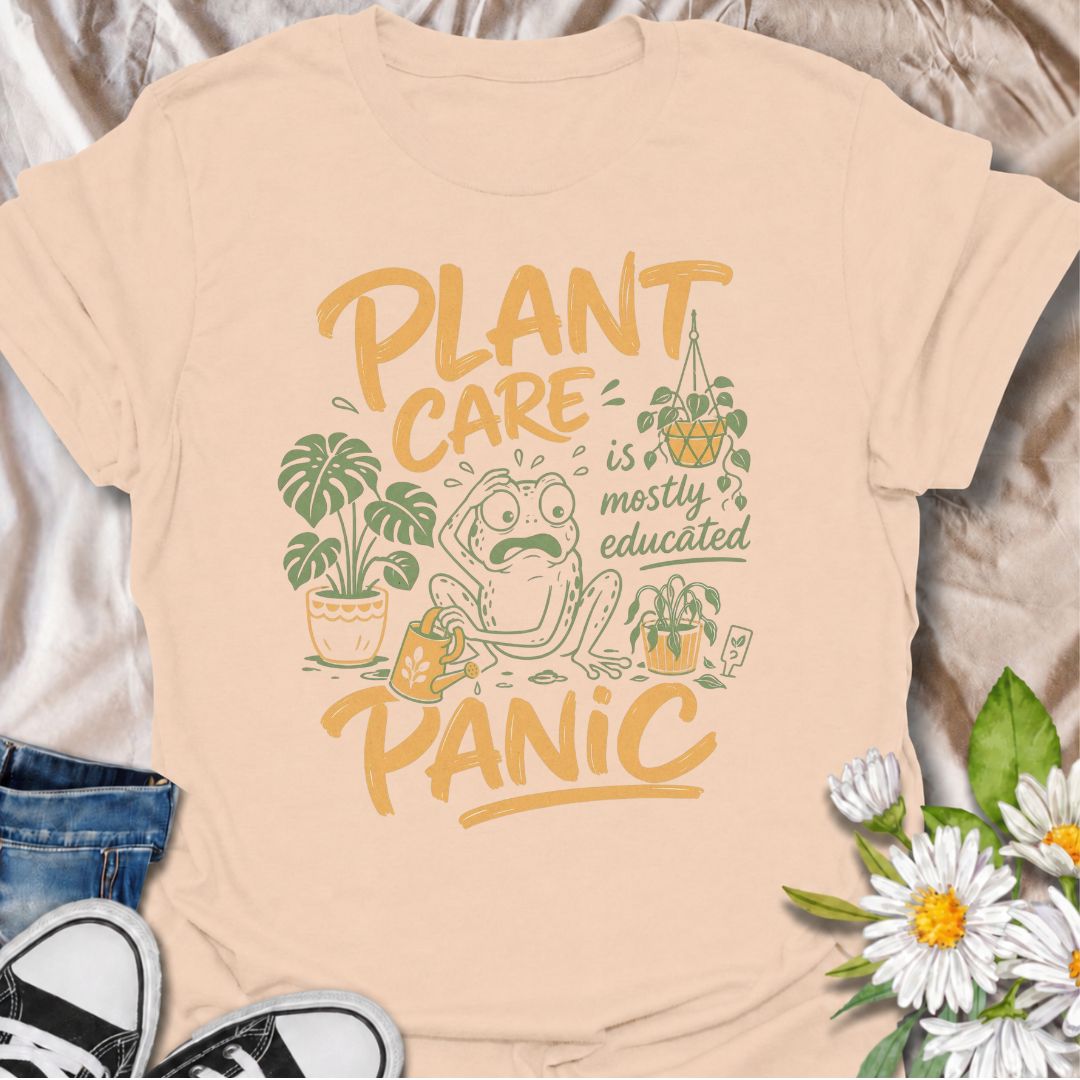 A funny plant T-shirt for anyone who has read all the care guides and still panics when a leaf starts looking slightly different. The phrase “Plant Care Is Mostly Educated Panic” perfectly captures the reality of houseplant ownership with playful, relatable humor. Featuring a worried frog surrounded by potted plants, a watering can, and plant-care chaos, this design is ideal for plant parents, indoor gardeners, and houseplant collectors. It makes a great gift for anyone who checks the soil twice, Googles ye