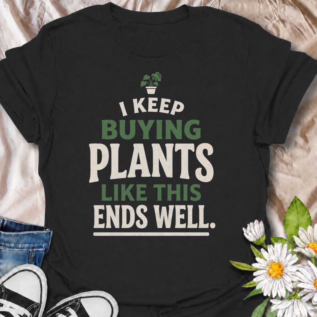 A funny plant T-shirt for anyone who keeps buying houseplants and is fully aware of where this is heading. The phrase “I Keep Buying Plants Like This Ends Well” delivers dry, self-aware humor that plant parents and collectors will instantly understand. Its bold stacked typography and tiny potted plant graphic keep the design simple, readable, and easy to wear. It makes a great gift for houseplant lovers, nursery regulars, and anyone whose indoor jungle keeps expanding despite their better judgment. Perfect 