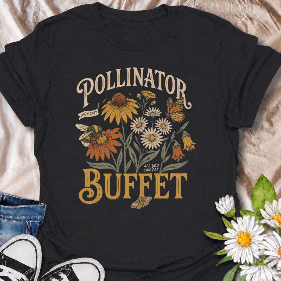 A bold pollinator T-shirt for gardeners who believe every flower bed should come with an open invitation to bees, butterflies, and moths. The phrase “Pollinator Buffet” pairs with coneflowers, daisies, and visiting pollinators for a playful take on wildlife-friendly gardening. It is perfect for native plant lovers, flower gardeners, pollinator advocates, and anyone creating a bee-friendly backyard. The vintage botanical styling gives the design plenty of character while keeping the message easy to read. 