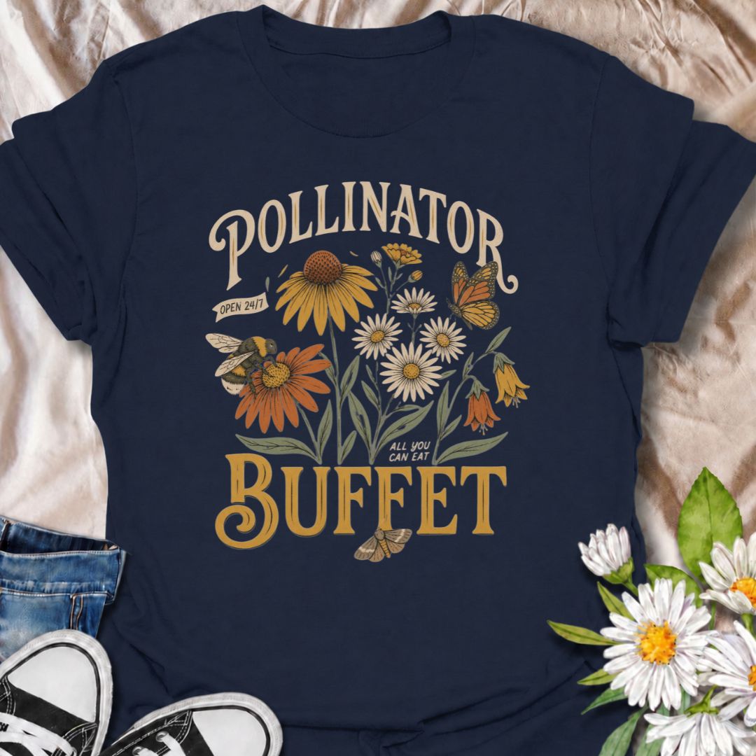 A bold pollinator T-shirt for gardeners who believe every flower bed should come with an open invitation to bees, butterflies, and moths. The phrase “Pollinator Buffet” pairs with coneflowers, daisies, and visiting pollinators for a playful take on wildlife-friendly gardening. It is perfect for native plant lovers, flower gardeners, pollinator advocates, and anyone creating a bee-friendly backyard. The vintage botanical styling gives the design plenty of character while keeping the message easy to read. 