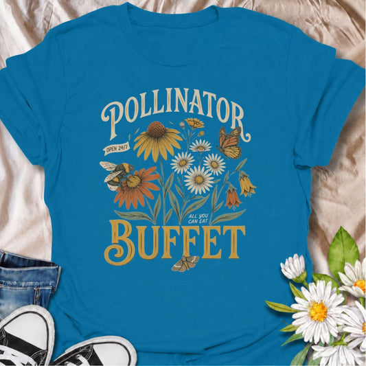 A bold pollinator T-shirt for gardeners who believe every flower bed should come with an open invitation to bees, butterflies, and moths. The phrase “Pollinator Buffet” pairs with coneflowers, daisies, and visiting pollinators for a playful take on wildlife-friendly gardening. It is perfect for native plant lovers, flower gardeners, pollinator advocates, and anyone creating a bee-friendly backyard. The vintage botanical styling gives the design plenty of character while keeping the message easy to read.