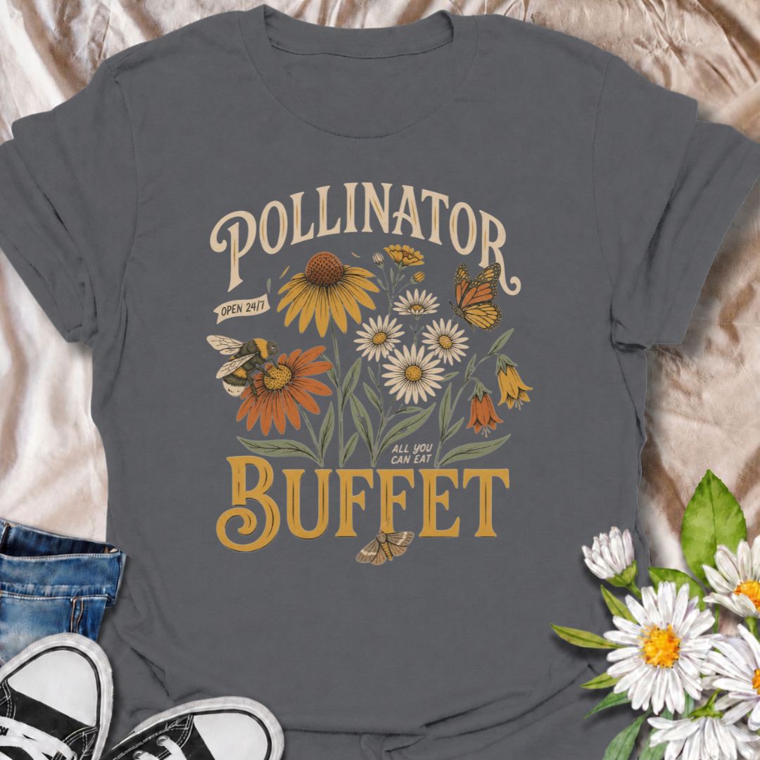 A bold pollinator T-shirt for gardeners who believe every flower bed should come with an open invitation to bees, butterflies, and moths. The phrase “Pollinator Buffet” pairs with coneflowers, daisies, and visiting pollinators for a playful take on wildlife-friendly gardening. It is perfect for native plant lovers, flower gardeners, pollinator advocates, and anyone creating a bee-friendly backyard. The vintage botanical styling gives the design plenty of character while keeping the message easy to read. 