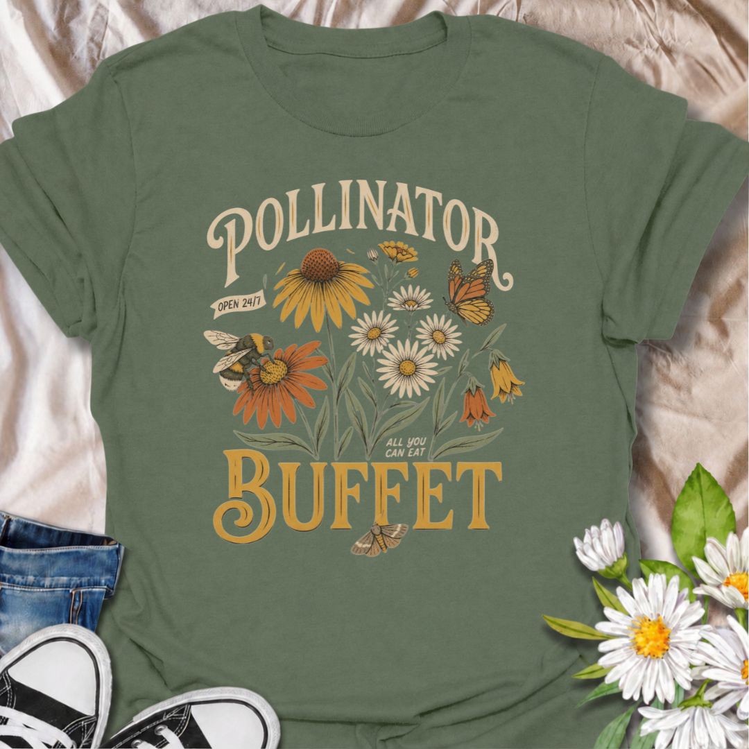 A bold pollinator T-shirt for gardeners who believe every flower bed should come with an open invitation to bees, butterflies, and moths. The phrase “Pollinator Buffet” pairs with coneflowers, daisies, and visiting pollinators for a playful take on wildlife-friendly gardening. It is perfect for native plant lovers, flower gardeners, pollinator advocates, and anyone creating a bee-friendly backyard. The vintage botanical styling gives the design plenty of character while keeping the message easy to read. 