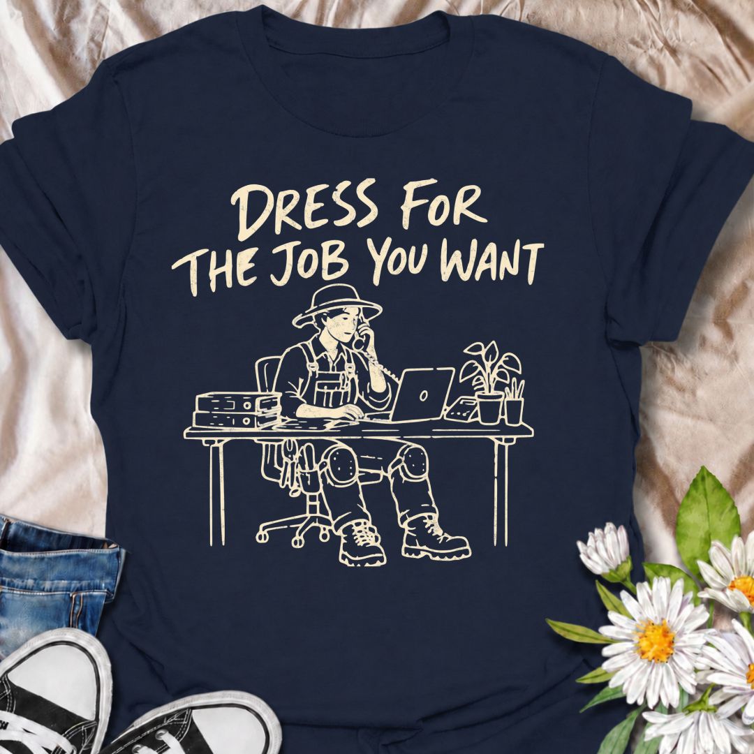 A funny gardening T-shirt for anyone who would rather be dressed for the garden than stuck behind a desk. The phrase “Dress for the Job You Want” pairs with a gardener in full work gear sitting in an office setting for a dry, absurd bit of garden humor. Featuring overalls, knee pads, work boots, tools, a laptop, and desk accessories, the design is perfect for gardeners who know exactly where they would rather be. It makes a great gift for professional gardeners, backyard growers, plant lovers, and anyone dr