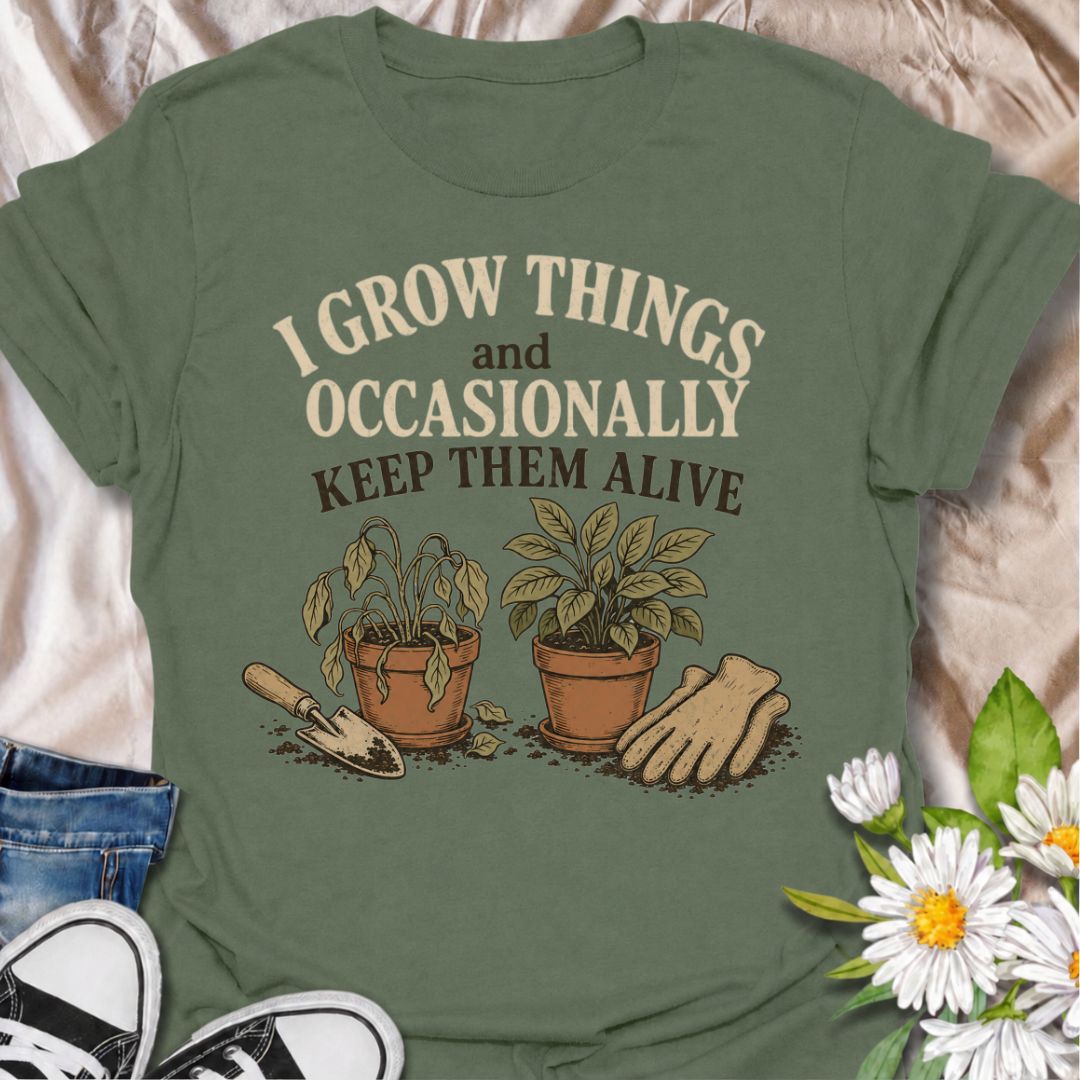 A funny gardening T-shirt for anyone who loves growing plants even when the results are a little unpredictable. The phrase “I Grow Things and Occasionally Keep Them Alive” delivers dry, self-deprecating humor that gardeners and plant lovers will instantly understand. Featuring two potted plants, gardening gloves, and a hand trowel, the design feels relaxed, relatable, and easy to wear. It makes a great gift for backyard gardeners, houseplant fans, and anyone whose green thumb works most of the time. Perfect