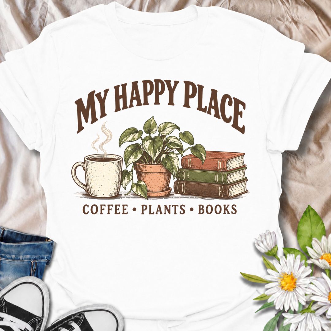 A cozy plant-lover T-shirt for anyone whose happy place includes coffee, houseplants, and a good book. The phrase “My Happy Place — Coffee • Plants • Books” pairs with a warm mug, leafy potted plant, and stacked books for an easygoing lifestyle design. It is perfect for readers, plant parents, indoor gardeners, and coffee lovers who enjoy quiet time at home. The vintage-inspired illustration gives the design a relaxed, thoughtful feel without becoming too busy. A great gift for book lovers, houseplant colle