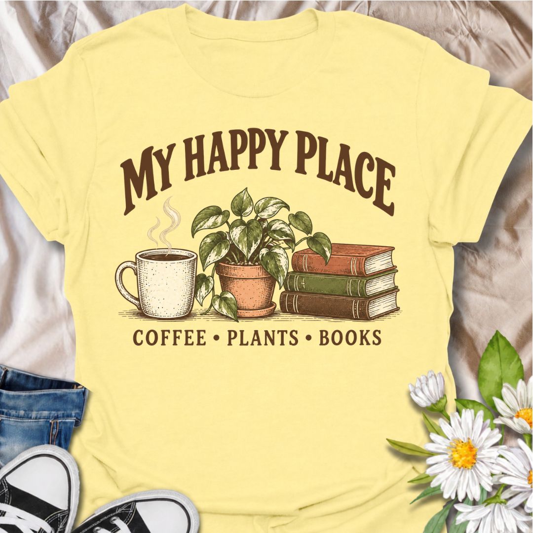 A cozy plant-lover T-shirt for anyone whose happy place includes coffee, houseplants, and a good book. The phrase “My Happy Place — Coffee • Plants • Books” pairs with a warm mug, leafy potted plant, and stacked books for an easygoing lifestyle design. It is perfect for readers, plant parents, indoor gardeners, and coffee lovers who enjoy quiet time at home. The vintage-inspired illustration gives the design a relaxed, thoughtful feel without becoming too busy. A great gift for book lovers, houseplant colle