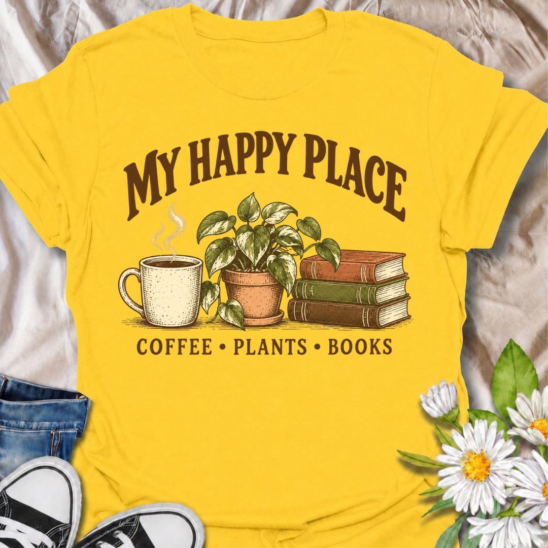 A cozy plant-lover T-shirt for anyone whose happy place includes coffee, houseplants, and a good book. The phrase “My Happy Place — Coffee • Plants • Books” pairs with a warm mug, leafy potted plant, and stacked books for an easygoing lifestyle design. It is perfect for readers, plant parents, indoor gardeners, and coffee lovers who enjoy quiet time at home. The vintage-inspired illustration gives the design a relaxed, thoughtful feel without becoming too busy. A great gift for book lovers, houseplant colle