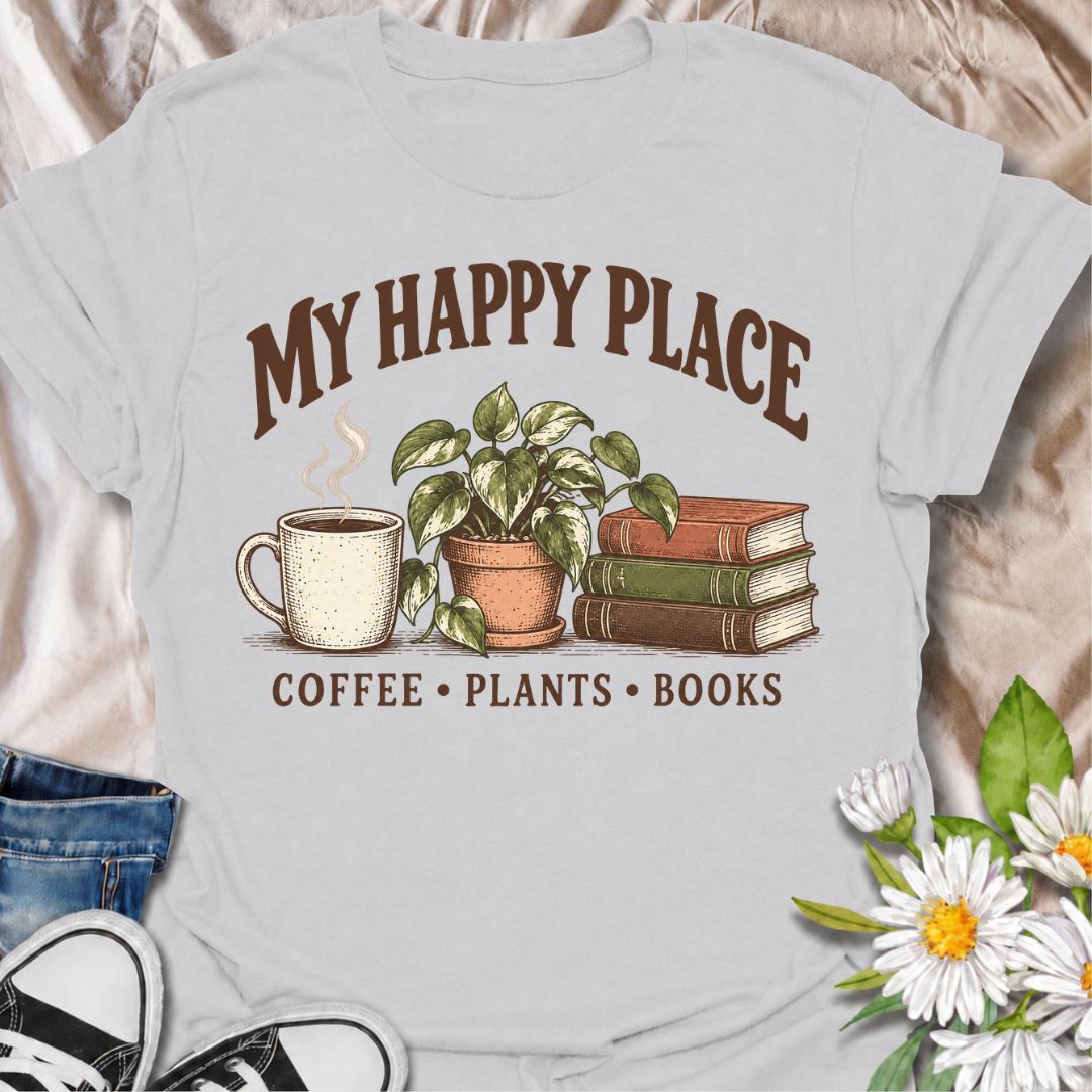 A cozy plant-lover T-shirt for anyone whose happy place includes coffee, houseplants, and a good book. The phrase “My Happy Place — Coffee • Plants • Books” pairs with a warm mug, leafy potted plant, and stacked books for an easygoing lifestyle design. It is perfect for readers, plant parents, indoor gardeners, and coffee lovers who enjoy quiet time at home. The vintage-inspired illustration gives the design a relaxed, thoughtful feel without becoming too busy. A great gift for book lovers, houseplant colle