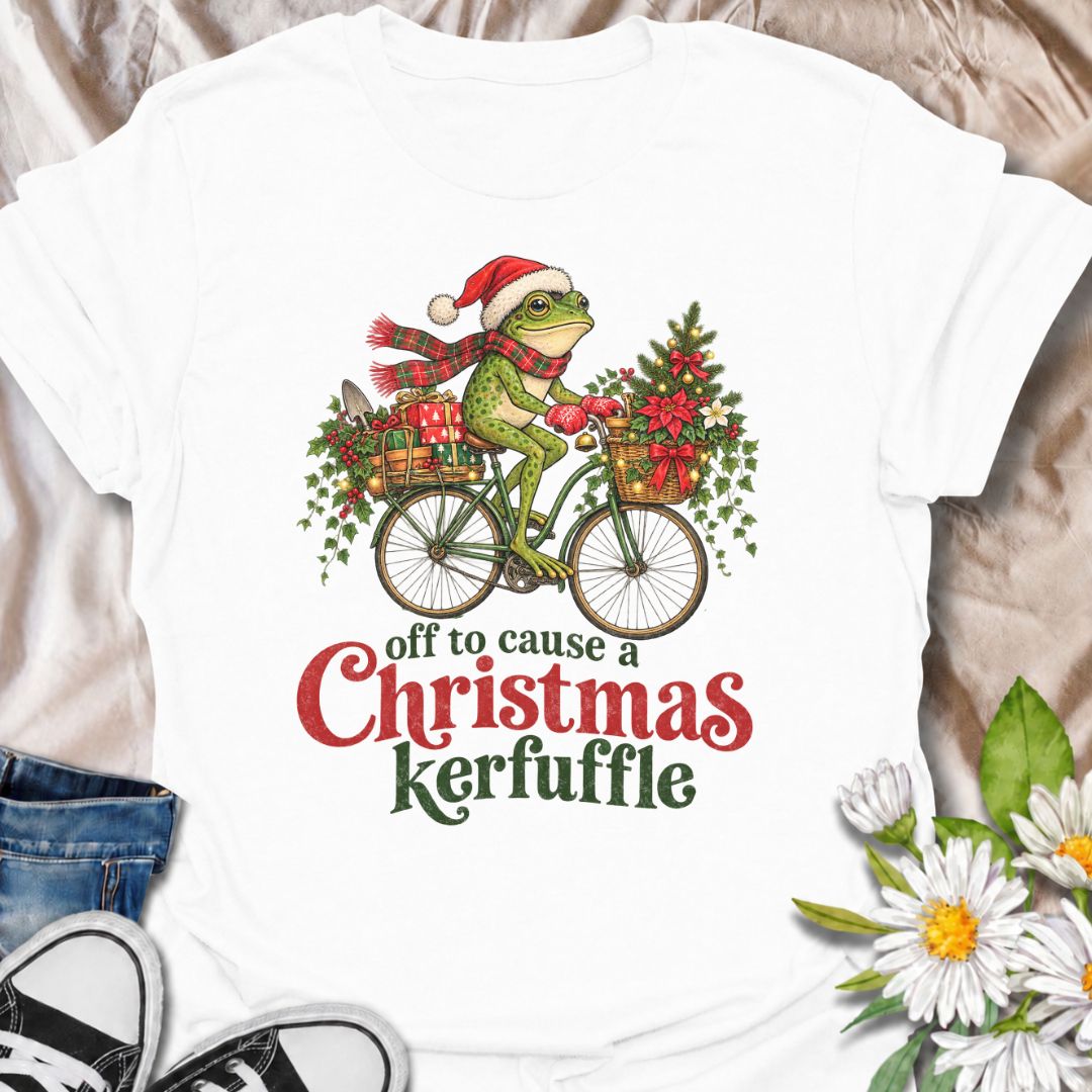 A funny Christmas gardening T-shirt featuring a determined frog cycling off to cause a little festive trouble. The phrase “Off to Cause a Christmas Kerfuffle” combines Botanic Weave’s deadpan frog humor with holly, gifts, garden tools, and plenty of Christmas cheer. It is perfect for gardeners, frog lovers, plant people, and anyone who prefers their holiday shirts funny rather than overly sweet. The detailed vintage-style illustration gives it a festive storybook feel while keeping the joke front and center
