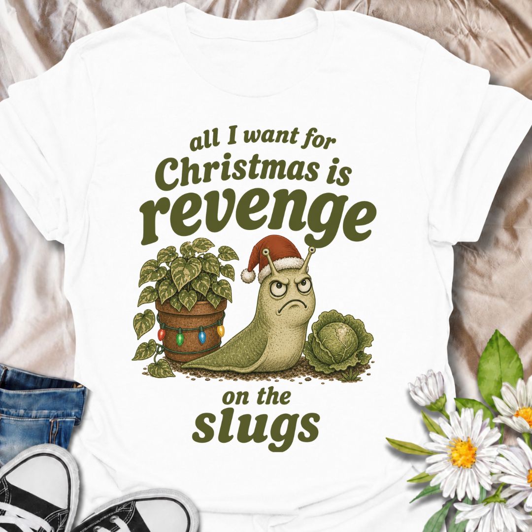 A funny Christmas gardening T-shirt for anyone who has spent the growing season battling slugs and has not forgotten about it. The phrase “All I Want for Christmas Is Revenge on the Slugs” pairs with a gloriously grumpy slug in a Santa hat for sharp, gardener-specific holiday humor. It is perfect for vegetable gardeners, flower growers, allotment gardeners, and anyone who has lost prized plants to hungry garden pests. The vintage-style illustration gives the design plenty of charm while keeping the joke won