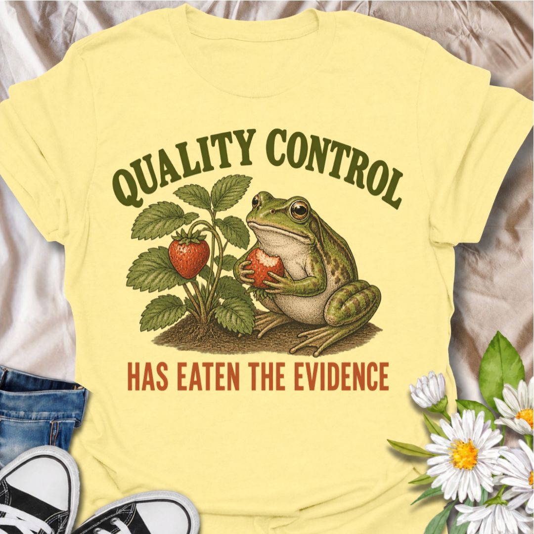 A funny gardening T-shirt for anyone who knows the garden’s unofficial quality-control inspector usually gets there first. The phrase “Quality Control Has Eaten the Evidence” pairs with a smug frog and strawberry plant for a playful, relatable take on garden wildlife. It is perfect for strawberry growers, backyard gardeners, frog lovers, and anyone who has lost part of the harvest before picking time. The vintage-style illustration gives the design plenty of character while keeping the joke clear and easy t