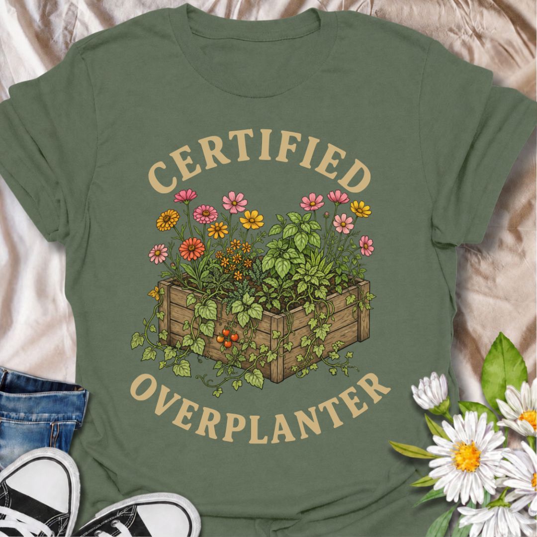 A funny gardening T-shirt for anyone who sees an empty patch of soil and immediately fills every inch of it. The “Certified Overplanter” phrase pairs with a packed raised bed overflowing with flowers, herbs, and vegetables for a design that real gardeners will instantly recognize. It is perfect for cottage gardeners, backyard growers, raised-bed gardeners, and anyone who treats recommended spacing as more of a suggestion than a rule. The vintage-style botanical artwork gives the design plenty of detail whil